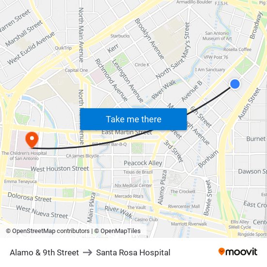 Alamo & 9th Street to Santa Rosa Hospital map