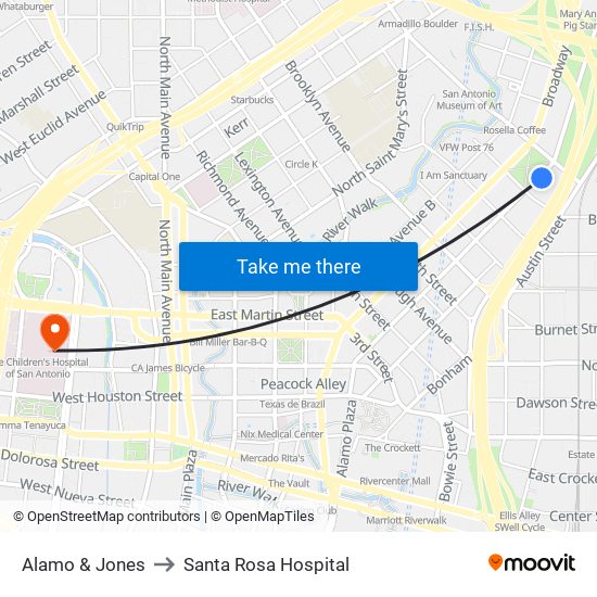 Alamo & Jones to Santa Rosa Hospital map