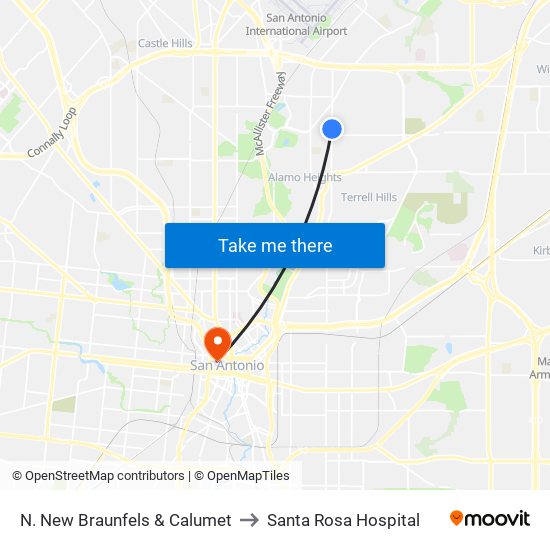 N. New Braunfels & Calumet to Santa Rosa Hospital map