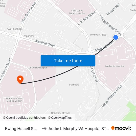 Ewing Halsell Station to Audie L Murphy VA Hospital STVHCS map