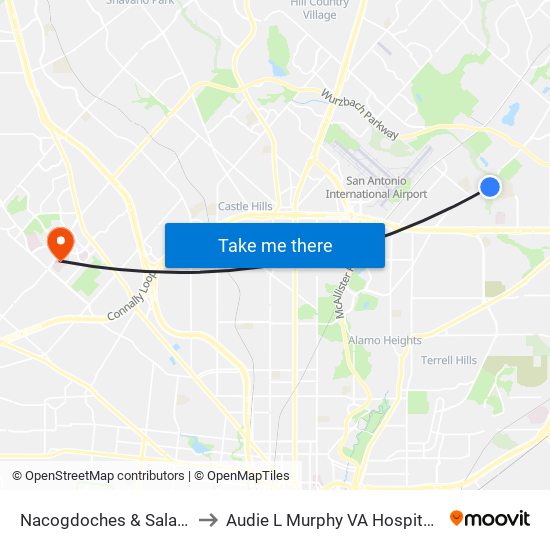 Nacogdoches & Salado Cliffs to Audie L Murphy VA Hospital STVHCS map