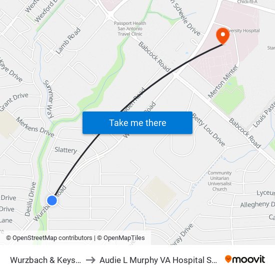 Wurzbach & Keystone to Audie L Murphy VA Hospital STVHCS map