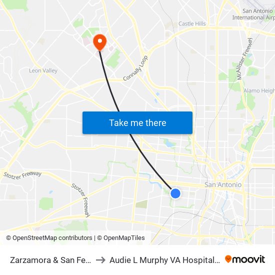 Zarzamora & San Fernando to Audie L Murphy VA Hospital STVHCS map
