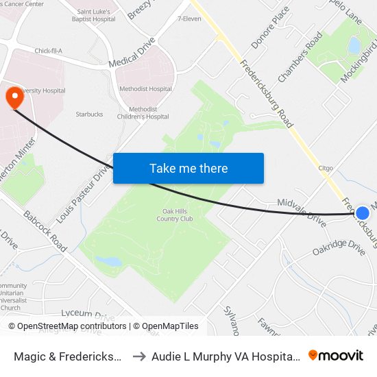 Magic & Fredericksburg Rd. to Audie L Murphy VA Hospital STVHCS map