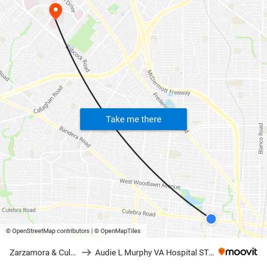 Zarzamora & Culebra to Audie L Murphy VA Hospital STVHCS map