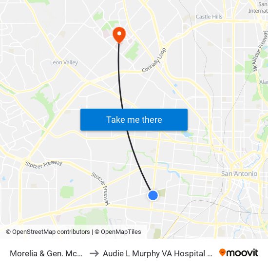 Morelia & Gen. Mcmullen to Audie L Murphy VA Hospital STVHCS map