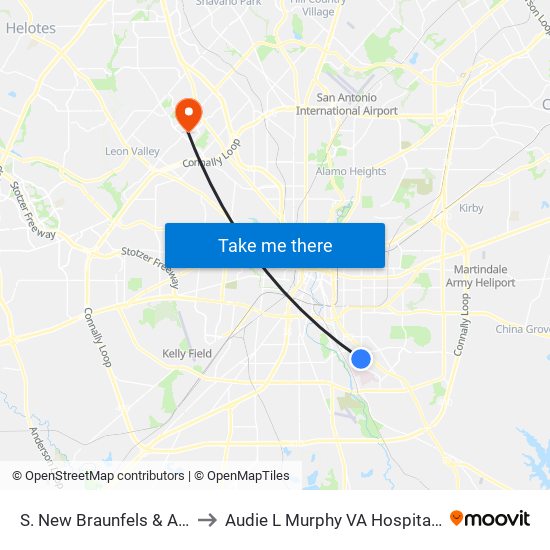 S. New Braunfels & Avondale to Audie L Murphy VA Hospital STVHCS map