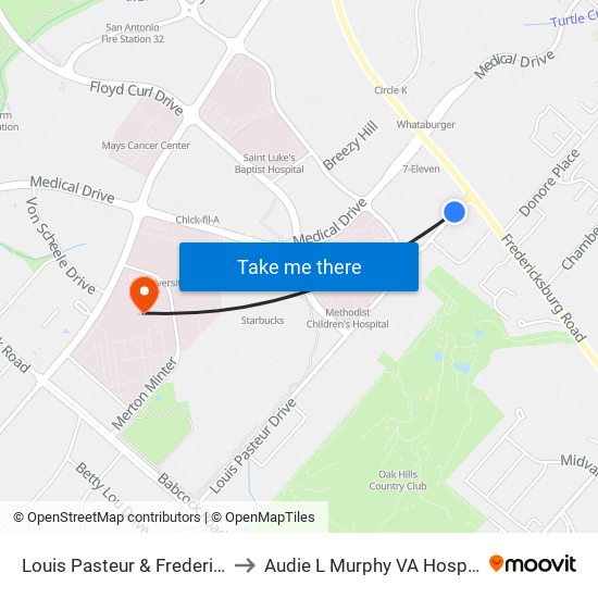 Louis Pasteur & Fredericksburg Rd to Audie L Murphy VA Hospital STVHCS map