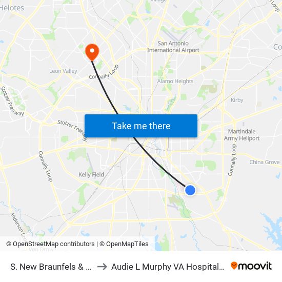 S. New Braunfels & Lasses to Audie L Murphy VA Hospital STVHCS map