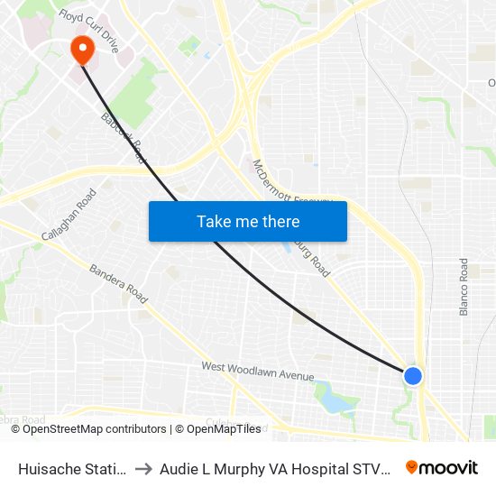 Huisache Station to Audie L Murphy VA Hospital STVHCS map