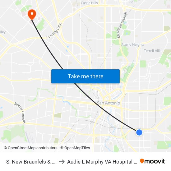 S. New Braunfels & Rigsby to Audie L Murphy VA Hospital STVHCS map