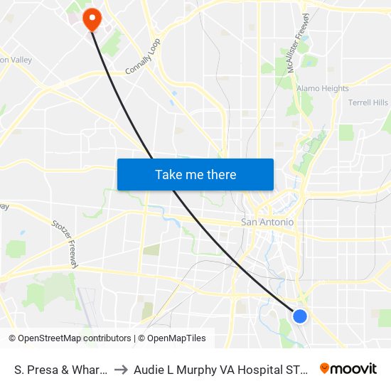 S. Presa & Wharton to Audie L Murphy VA Hospital STVHCS map