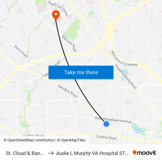 St. Cloud & Bandera to Audie L Murphy VA Hospital STVHCS map