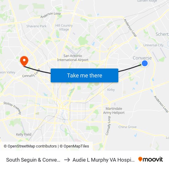 South Seguin & Converse Center to Audie L Murphy VA Hospital STVHCS map