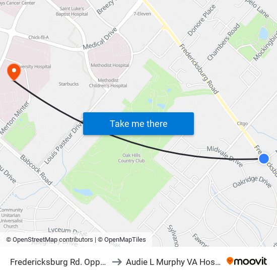 Fredericksburg Rd. Opposite Magic D to Audie L Murphy VA Hospital STVHCS map