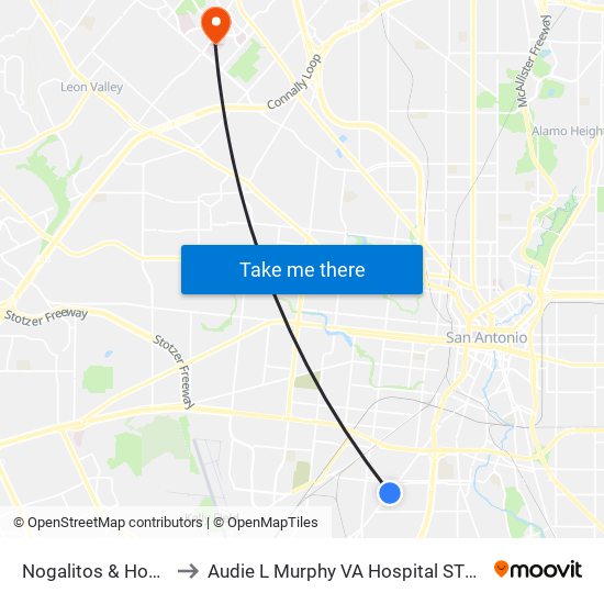 Nogalitos & Hoover to Audie L Murphy VA Hospital STVHCS map