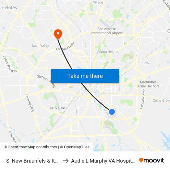 S. New Braunfels & Koehler Ct. to Audie L Murphy VA Hospital STVHCS map