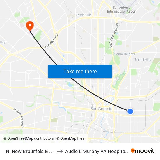 N. New Braunfels & Crockett to Audie L Murphy VA Hospital STVHCS map