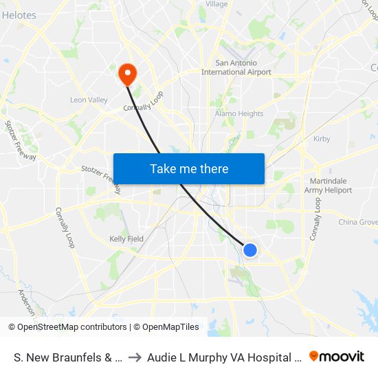 S. New Braunfels & Dunes to Audie L Murphy VA Hospital STVHCS map