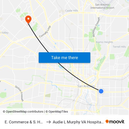 E. Commerce & S. Hackberry to Audie L Murphy VA Hospital STVHCS map