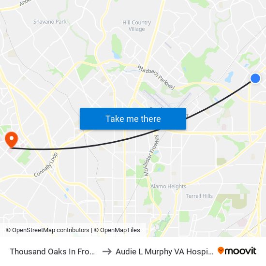 Thousand Oaks In Front Of H.E.B. to Audie L Murphy VA Hospital STVHCS map