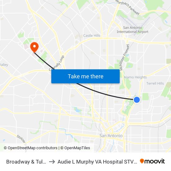 Broadway & Tuleta to Audie L Murphy VA Hospital STVHCS map