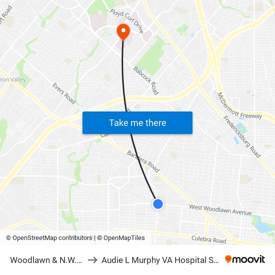Woodlawn & N.W. 36th to Audie L Murphy VA Hospital STVHCS map