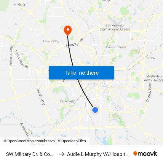 SW Military Dr. & Commercial to Audie L Murphy VA Hospital STVHCS map