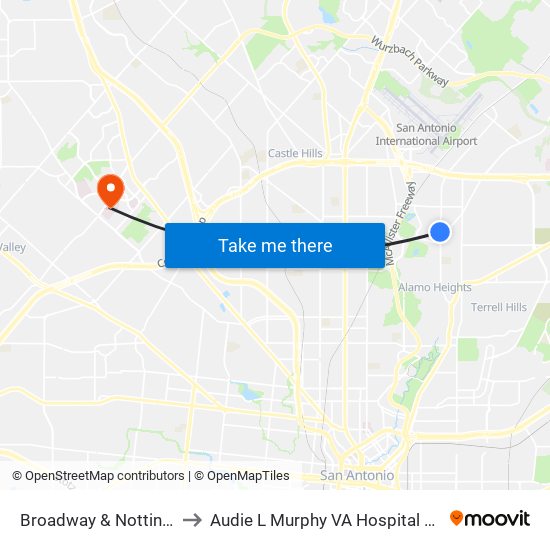 Broadway & Nottingham to Audie L Murphy VA Hospital STVHCS map