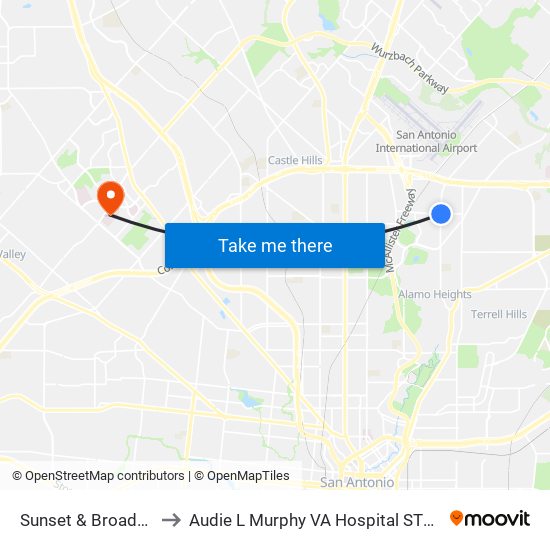 Sunset & Broadway to Audie L Murphy VA Hospital STVHCS map