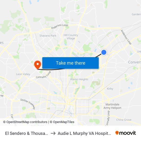 El Sendero & Thousand Oaks to Audie L Murphy VA Hospital STVHCS map