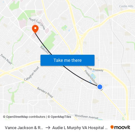 Vance Jackson & Rodena to Audie L Murphy VA Hospital STVHCS map