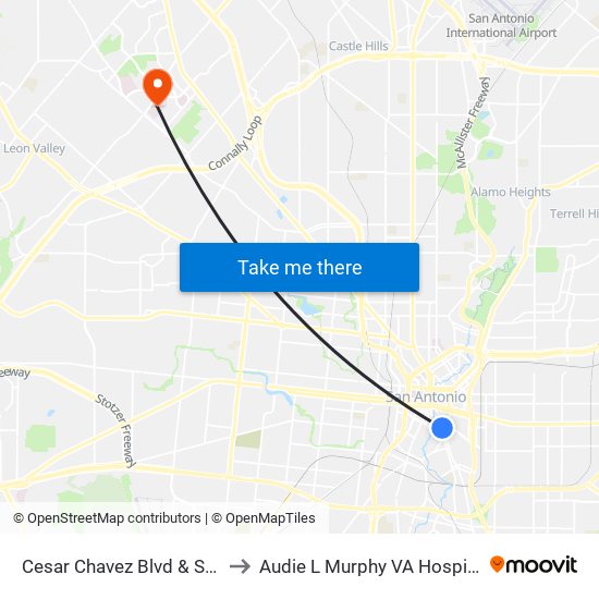 Cesar Chavez Blvd & S. St. Mary's to Audie L Murphy VA Hospital STVHCS map