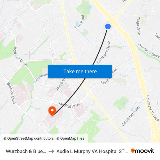 Wurzbach & Bluemel to Audie L Murphy VA Hospital STVHCS map