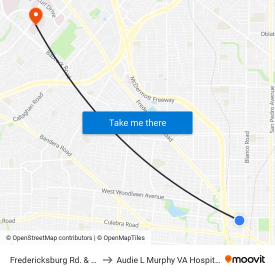 Fredericksburg Rd. & Cincinnati to Audie L Murphy VA Hospital STVHCS map