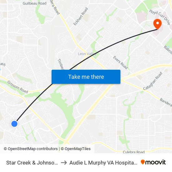 Star Creek & Johnson Grass to Audie L Murphy VA Hospital STVHCS map