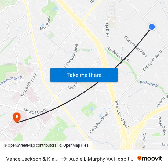 Vance Jackson & Kings Grant to Audie L Murphy VA Hospital STVHCS map