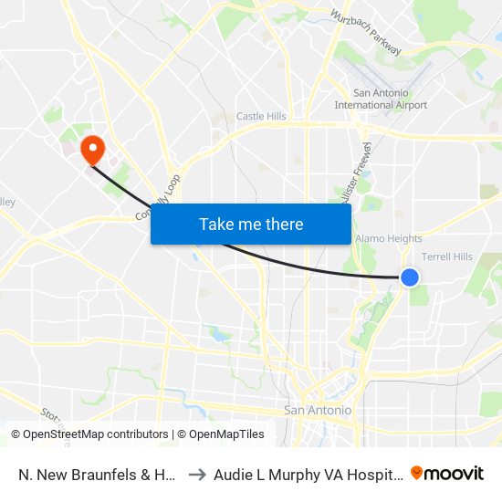 N. New Braunfels & Harrigan Ct. to Audie L Murphy VA Hospital STVHCS map