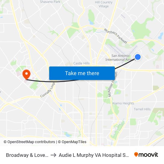 Broadway & Lovelace to Audie L Murphy VA Hospital STVHCS map