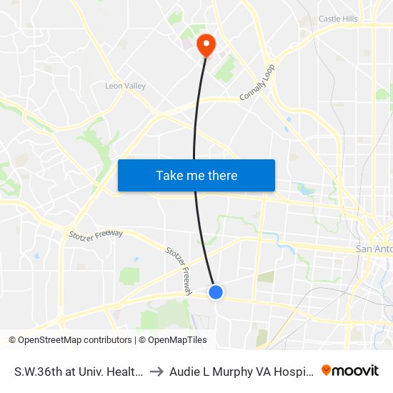 S.W.36th at Univ. Health Clin-S.W. to Audie L Murphy VA Hospital STVHCS map