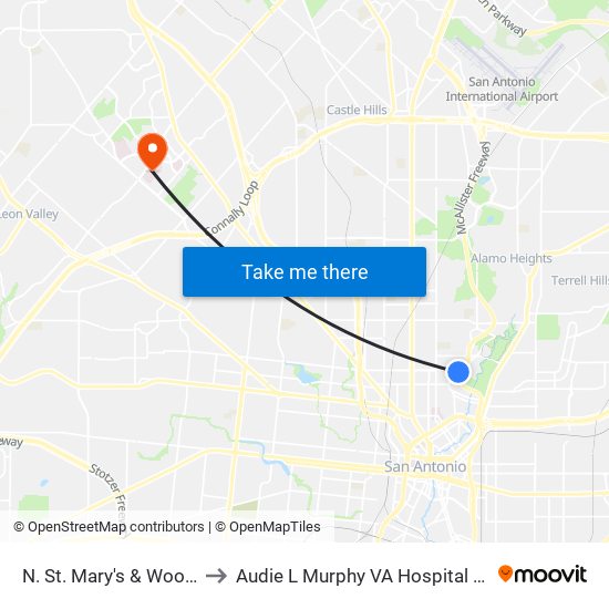 N. St. Mary's & Woodlawn to Audie L Murphy VA Hospital STVHCS map