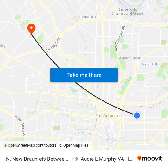 N. New Braunfels Between Nolan & Dawson to Audie L Murphy VA Hospital STVHCS map