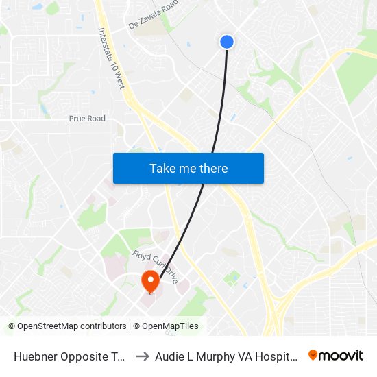 Huebner Opposite Texas Elm to Audie L Murphy VA Hospital STVHCS map