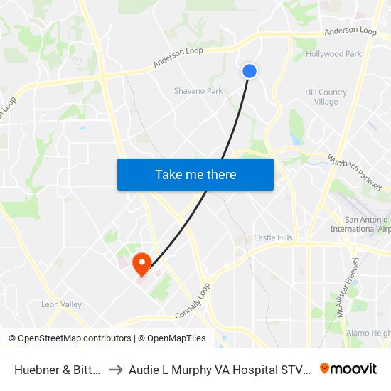 Huebner & Bitters to Audie L Murphy VA Hospital STVHCS map