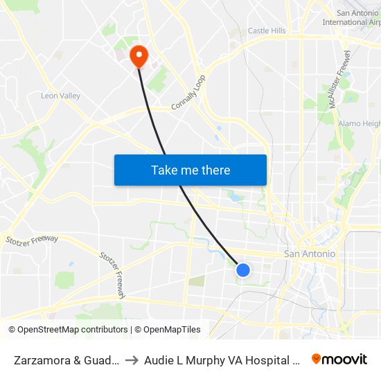 Zarzamora & Guadalupe to Audie L Murphy VA Hospital STVHCS map