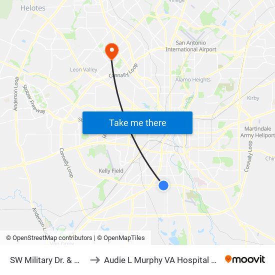 SW Military Dr. & Mango to Audie L Murphy VA Hospital STVHCS map