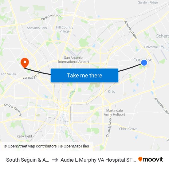 South Seguin & Ave B to Audie L Murphy VA Hospital STVHCS map