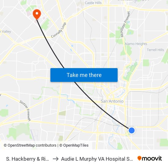 S. Hackberry & Rigsby to Audie L Murphy VA Hospital STVHCS map