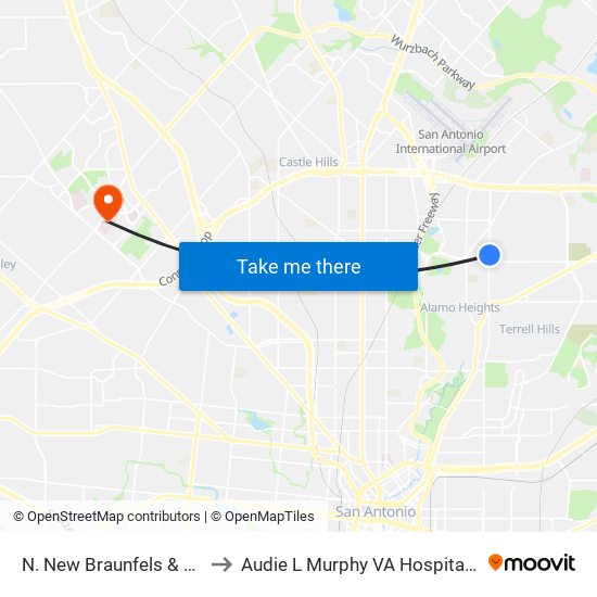 N. New Braunfels & Calumet to Audie L Murphy VA Hospital STVHCS map