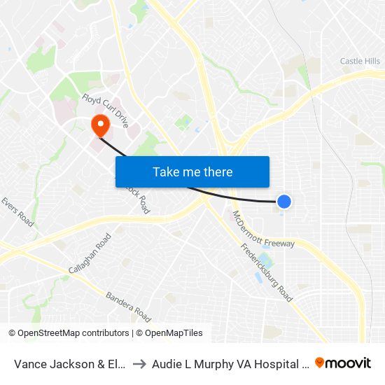 Vance Jackson & Eland Dr. to Audie L Murphy VA Hospital STVHCS map